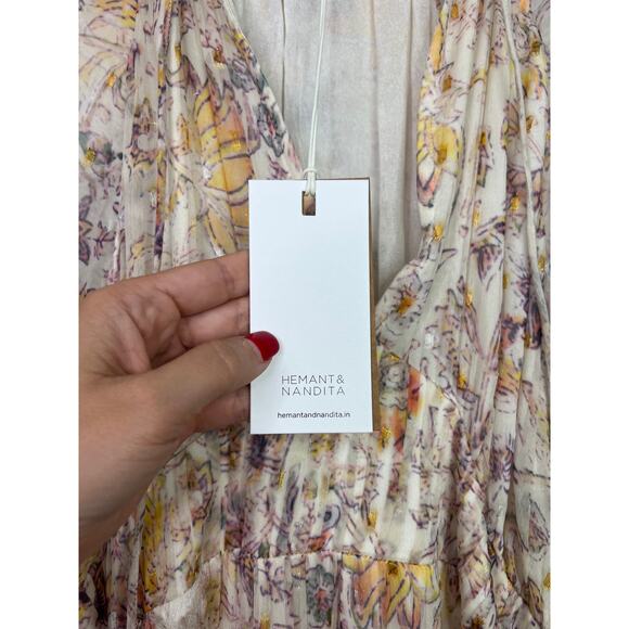 NWT Hemant and Nandita White Silver Gold Chiffon Lurex Floral Boho Midi Dress - Picture 5 of 9